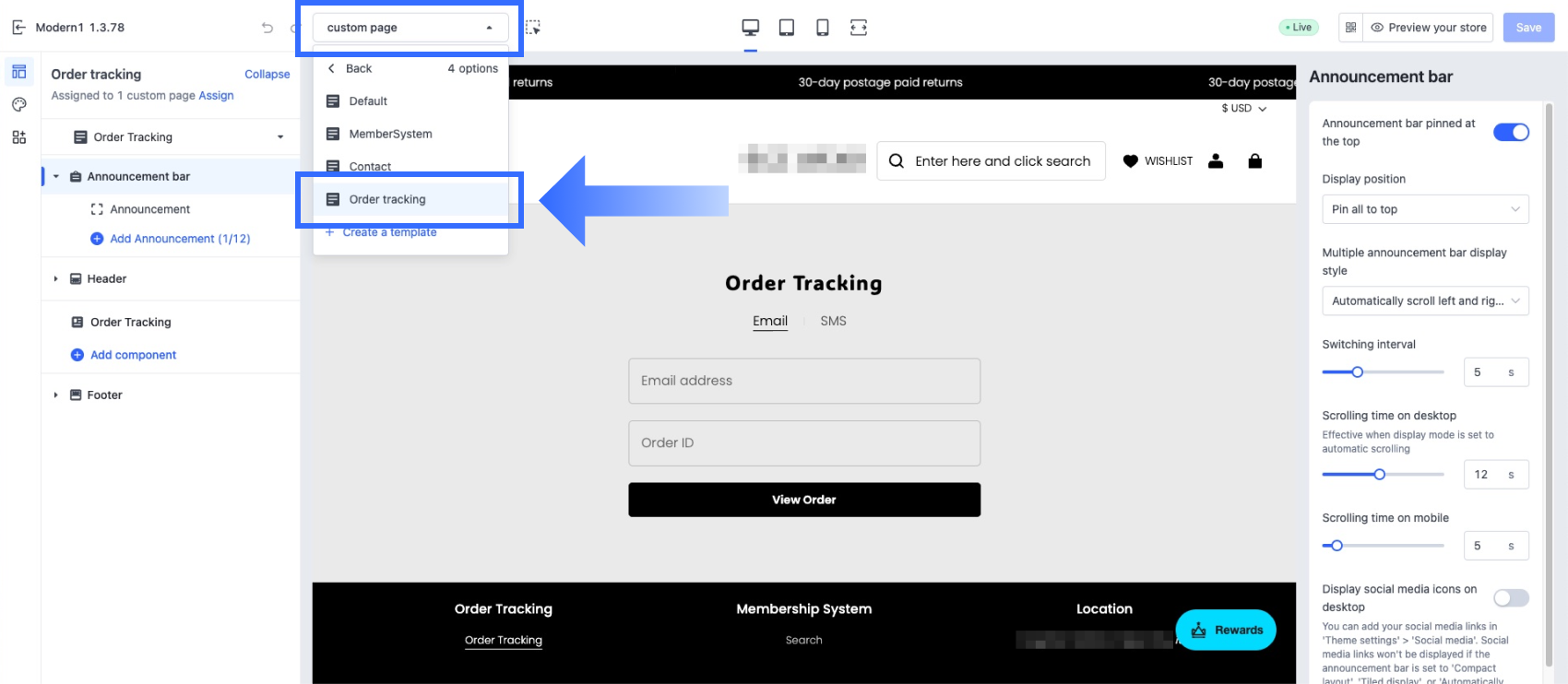 Editing Tracking Page in Theme Editor.png
